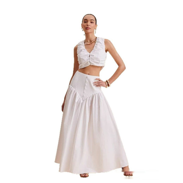 French White Stitching Clinch High Waist Dress