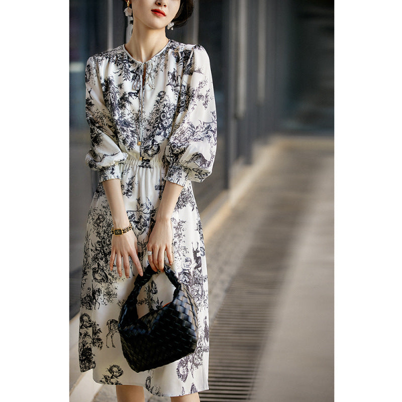 Elastic Heavy Crepe Silk Lantern Sleeve Dress