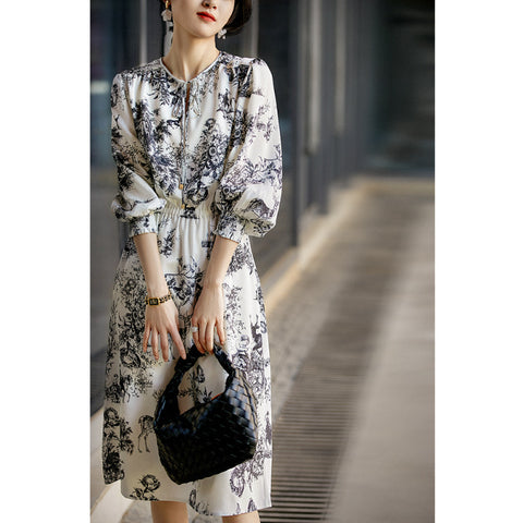 Elastic Heavy Crepe Silk Lantern Sleeve Dress