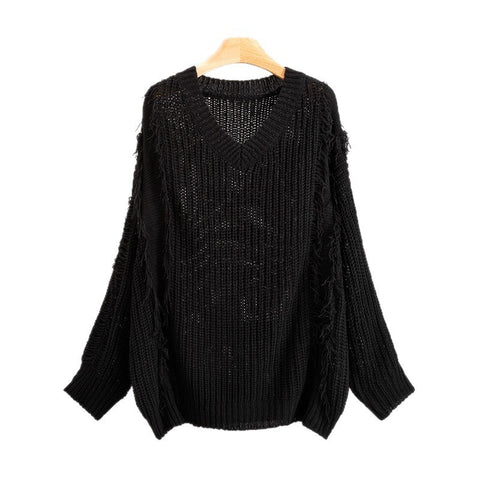 Loose V-neck Tassel Female Idle Style Long Sleeve Pullover Top