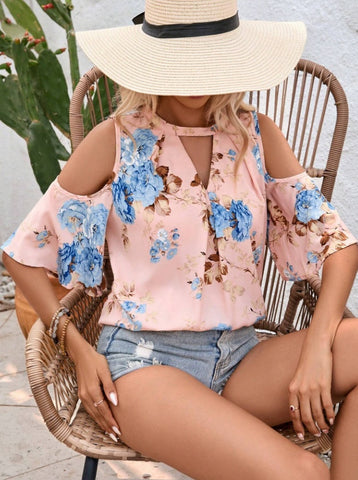 Casual Open Shoulder Short Sleeve Shirt For Women