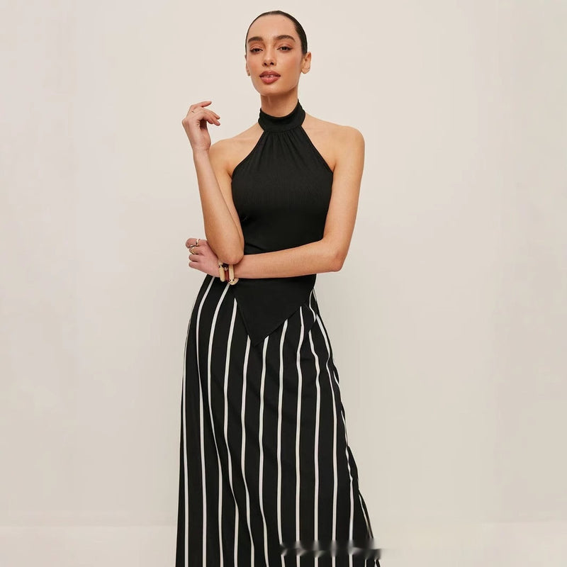 European And American Simple Halter Backless Sunken Stripe Knitted Top Striped Black And White High Waist Skirt For Women