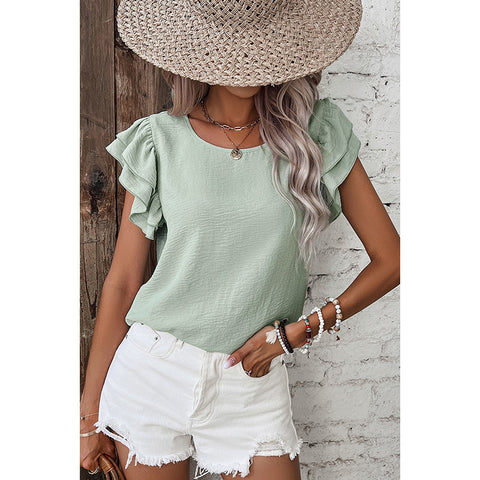Summer Solid Color Petal Sleeve Pullover Women