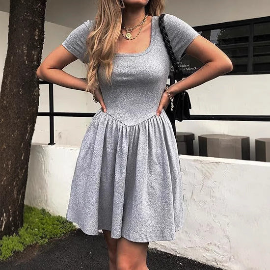 Short Sleeve Square Collar Elegant Women's Slim Fit Pure Color Slimming Dress