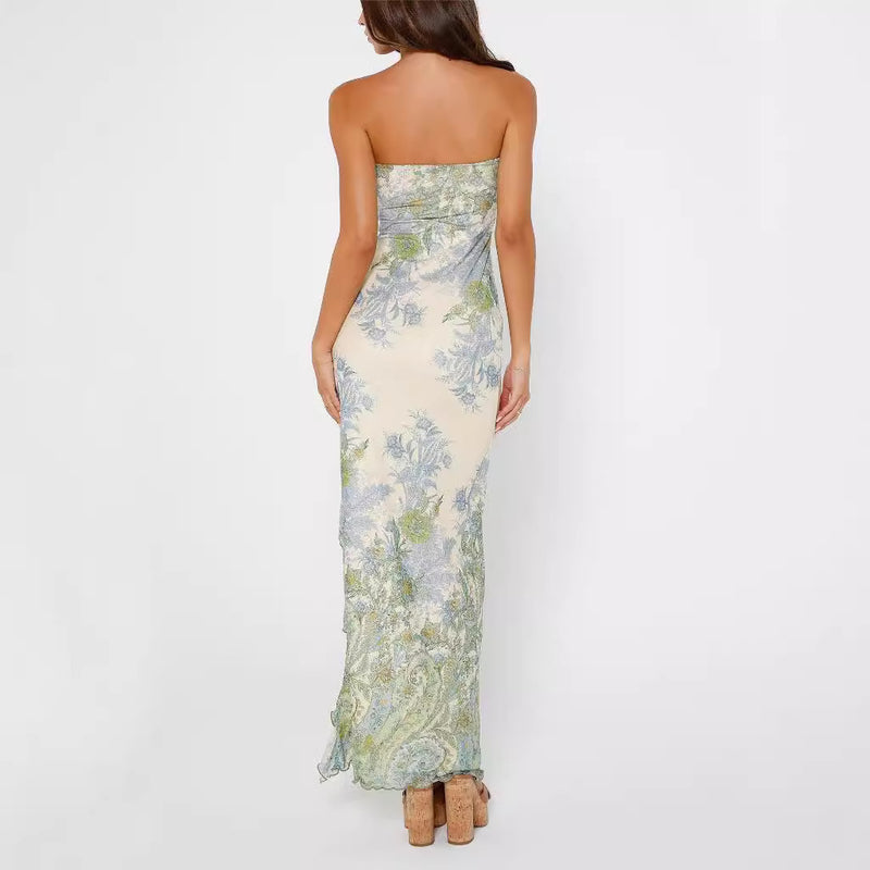 Printed Slit Slim Tube Top Dress Women