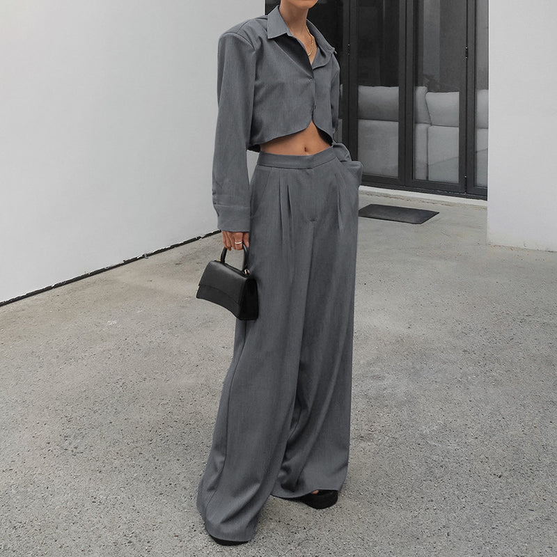Gray, Long Sleeve Shirt High Waist Slimming Suit Wide Leg Pants