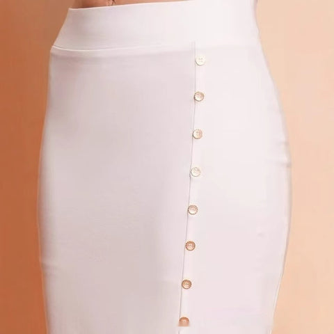 European And American Women's Clothing Sunken Stripe Rib Temperament Split Button Sheath High Waist Skirt