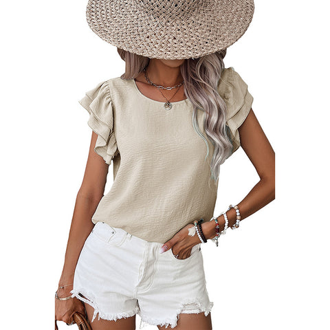 Summer Solid Color Petal Sleeve Pullover Women
