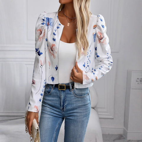 Printed Gigot Sleeve Long Sleeve Thin Jacket Jacket