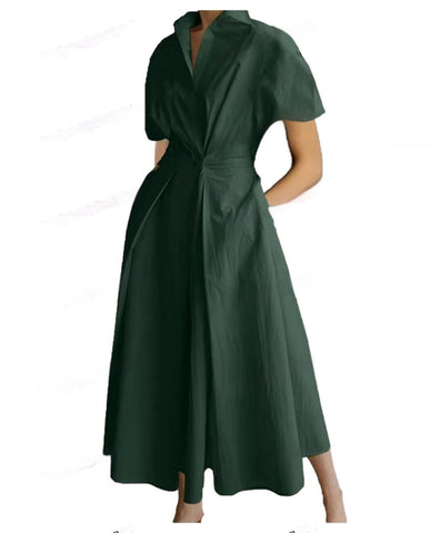Commuting Fashion Polo Collar Shirt Elastic Waist Large Swing Dress