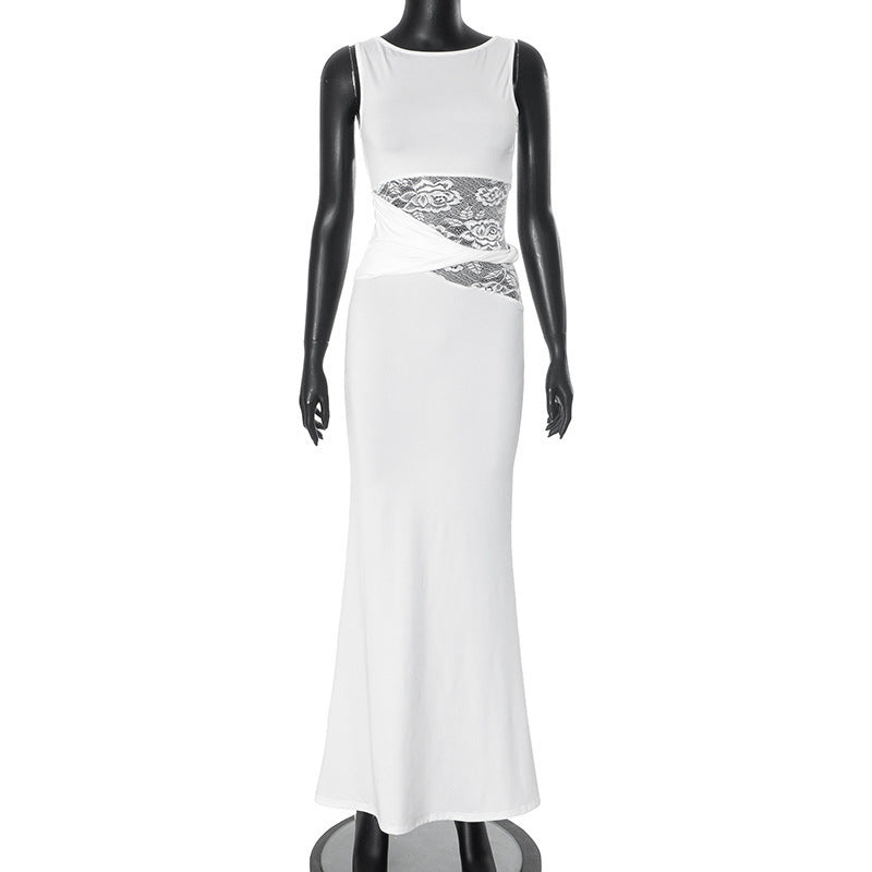 Women's Solid Color Translucent Hollow Lace Twisted Belt Dress