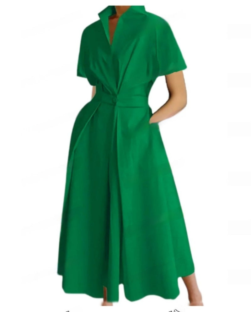 Commuting Fashion Polo Collar Shirt Elastic Waist Large Swing Dress