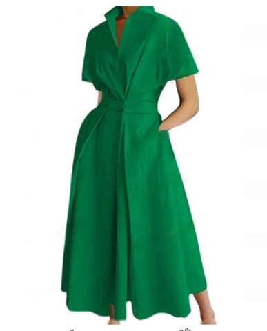 Commuting Fashion Polo Collar Shirt Elastic Waist Large Swing Dress
