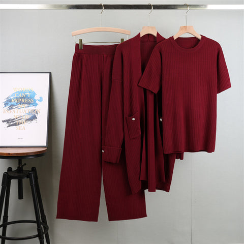 Elegant Knitted Mid-length Cardigan Coat Wide Leg Pants Three-piece Set