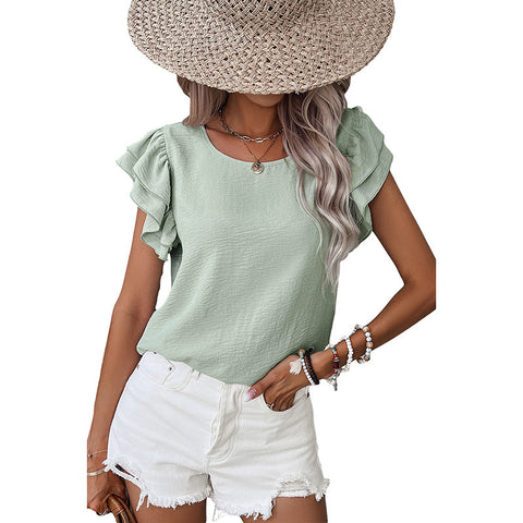 Summer Solid Color Petal Sleeve Pullover Women