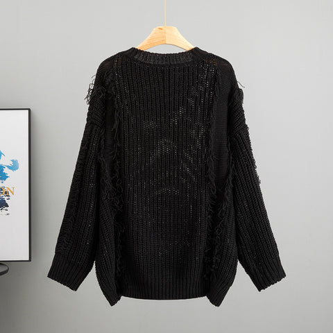 Loose V-neck Tassel Female Idle Style Long Sleeve Pullover Top