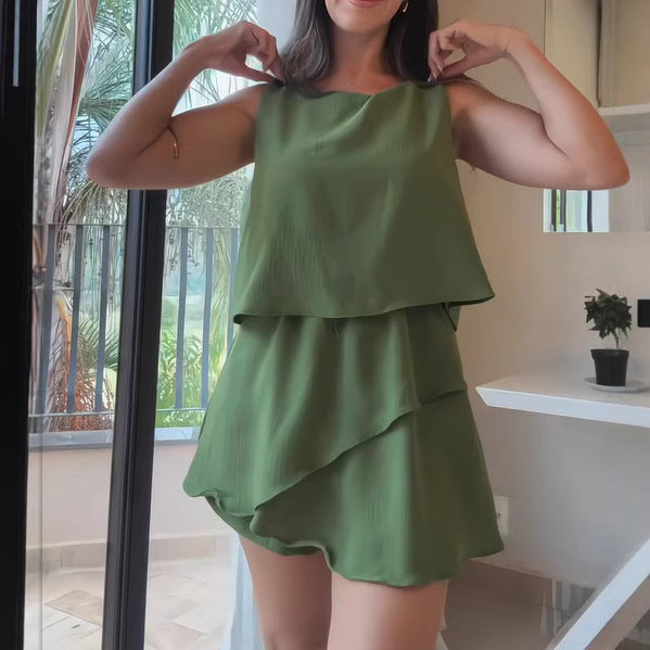 Solid Color Summer Elegance Sleeveless Top Round Neck Stitching One-piece Culotte