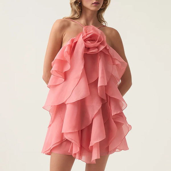 Halter Three-dimensional Flower Design Lace-up Sleeveless Dress