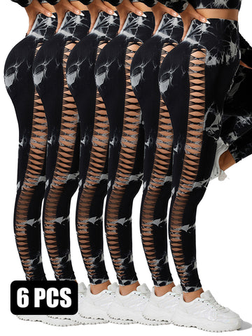 6Pcs Tie-dye Cut-out Leggings Women's Yoga Pants