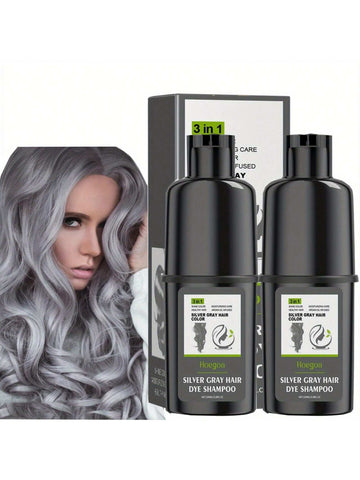 2PCS Three In One Silver Gray Hair Dye Shampoo, Shampoo, Moisturizes Hair, Silver Gray Hair, Easy To Use, Suitable For Both Men And Women, Rich In Polygonum Multiflorum, Ganoderma Lucidum And Ginger,