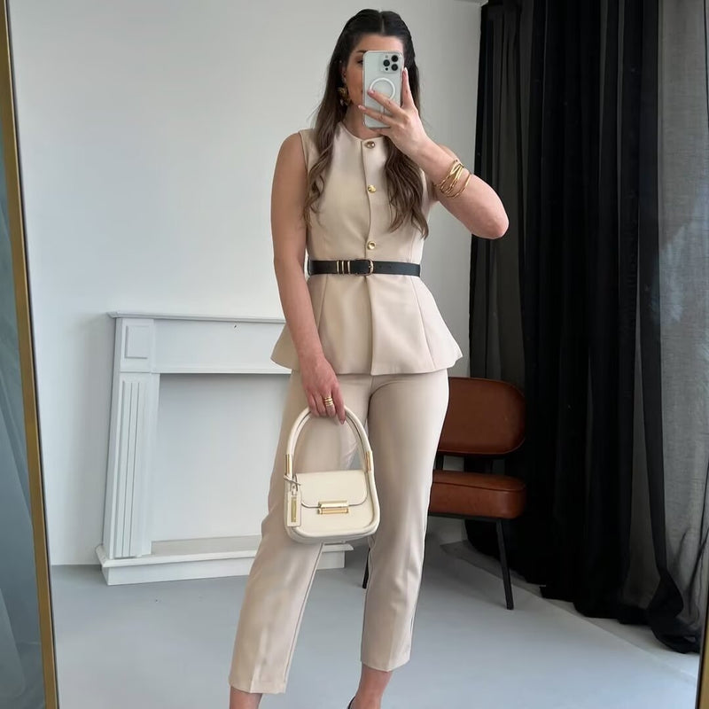 Belt Simple Sleeveless Shirt Bandage Dress Waist-tight Vest