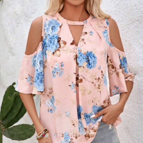 Casual Open Shoulder Short Sleeve Shirt For Women