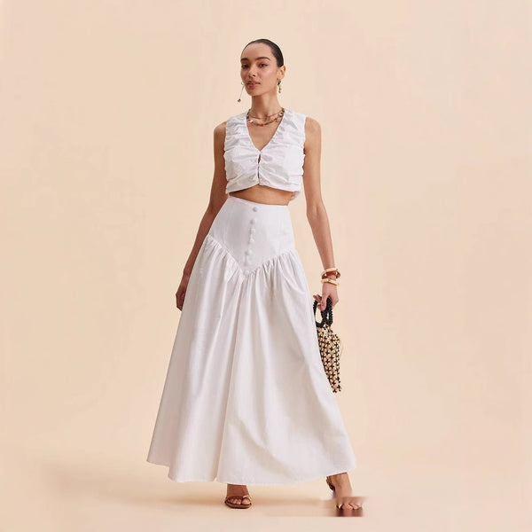 French White Stitching Clinch High Waist Dress