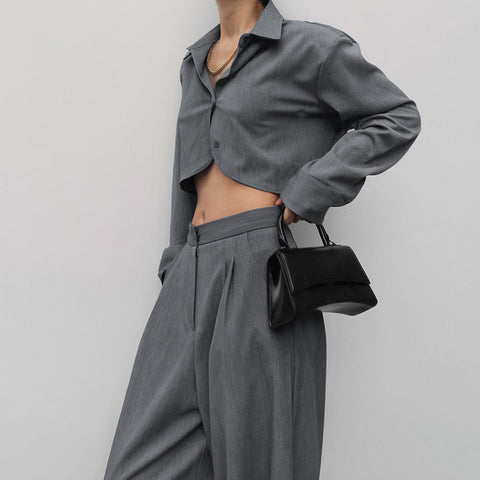 Gray, Long Sleeve Shirt High Waist Slimming Suit Wide Leg Pants