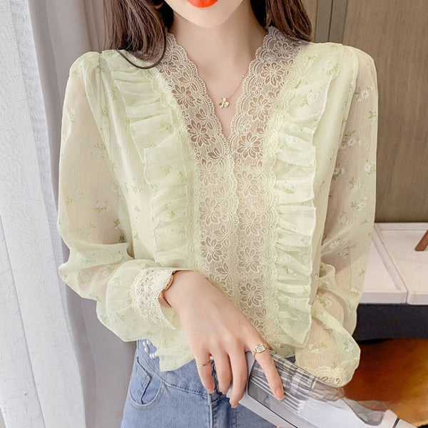 Design Sense Niche Wooden Ear Lace Collar Bubble Long Sleeve Floral Sweet Chiffon Shirt