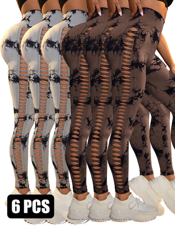 6Pcs Tie-dye Cut-out Leggings Women's Yoga Pants