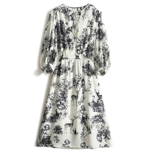 Elastic Heavy Crepe Silk Lantern Sleeve Dress