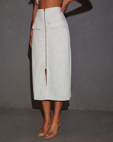 European And American Style Solid Color Stitching Zipper Split High Waist Slim Fit Casual Skirt