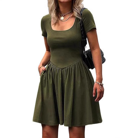 Short Sleeve Square Collar Elegant Women's Slim Fit Pure Color Slimming Dress