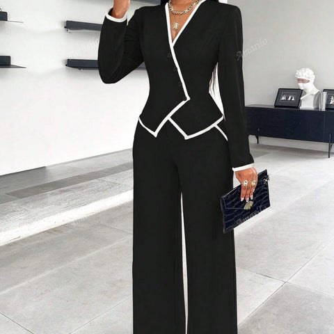 Single-breasted Contrast Color Trim Suit Pants Suit