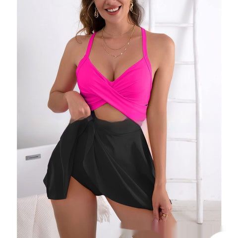 Color Matching Cross Plus Size One-piece Suspender Skirt