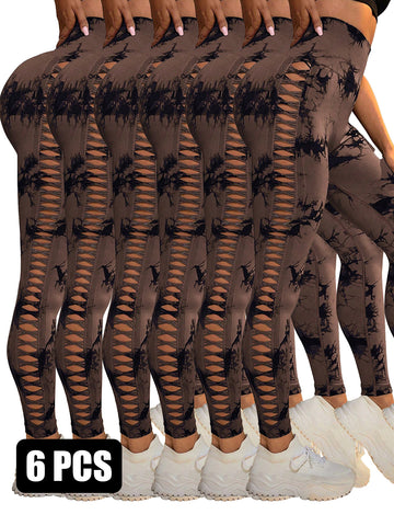 6Pcs Tie-dye Cut-out Leggings Women's Yoga Pants