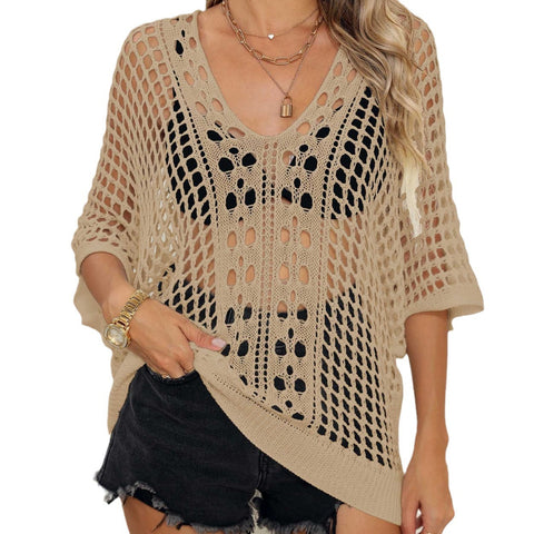 Women's Sexy Cutout Woven Shirt Batwing Sleeve Loose Casual Top Bikini Cover-up Blouse