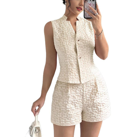 European And American Size Women's Elegant Solid Color Jacquard Sleeveless Vest And Shorts Two-piece Set