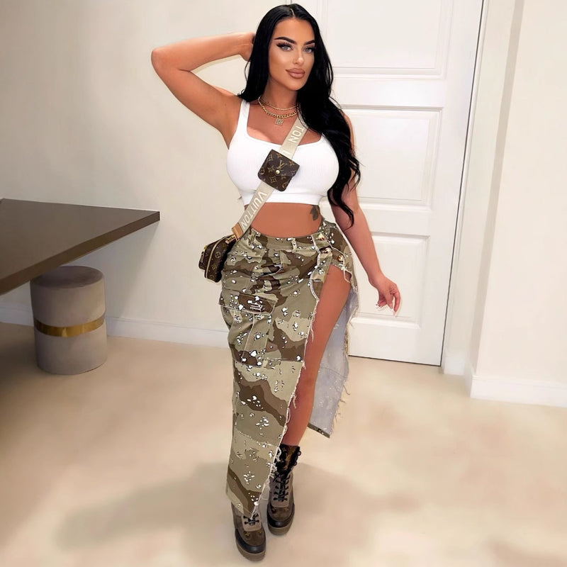 Women's Fashion Personalized Camouflage Wash Pocket Slit Tassel Skirt