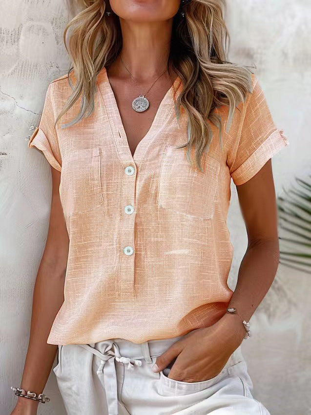 Solid Color Button Fashion Short Sleeve