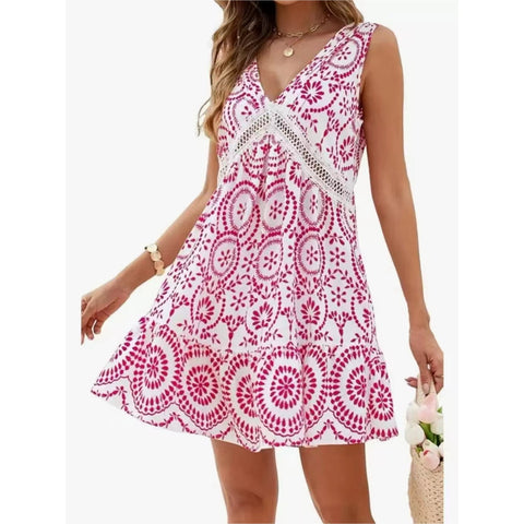 Women's Elegant Printed Hollow Lace V-neck Sleeveless Dress