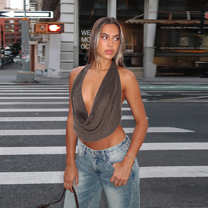 Women's Pure Color Halter Silver Silk Pockets Collar Top