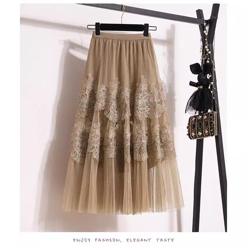 Embroidered Floral Lace Pleated A- Line Cake Dress Midi Skirt