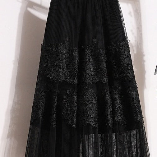 Embroidered Floral Lace Pleated A- Line Cake Dress Midi Skirt