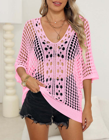 Women's Sexy Cutout Woven Shirt Batwing Sleeve Loose Casual Top Bikini Cover-up Blouse