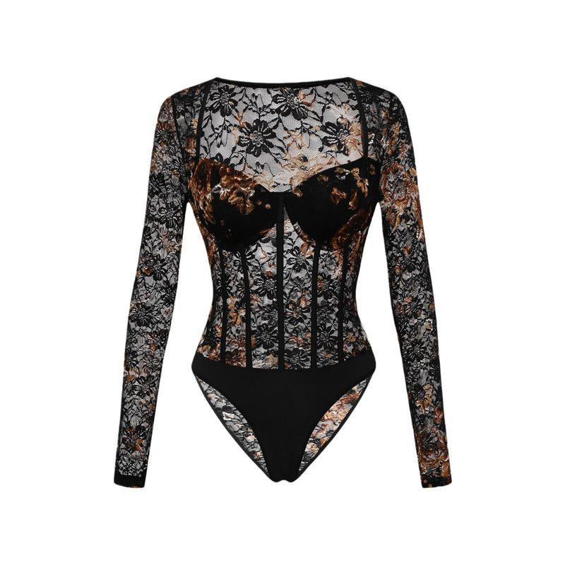 European And American Autumn Winter Retro Dignified Flowers Lace Steel Ring Sheer Long Sleeve