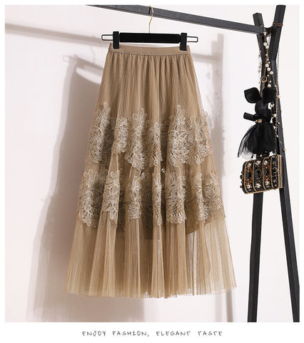 Embroidered Floral Lace Pleated A- Line Cake Dress Midi Skirt