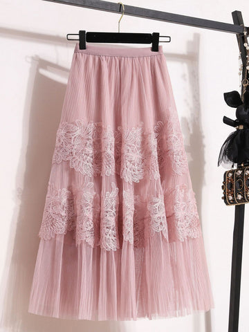 Embroidered Floral Lace Pleated A- Line Cake Dress Midi Skirt