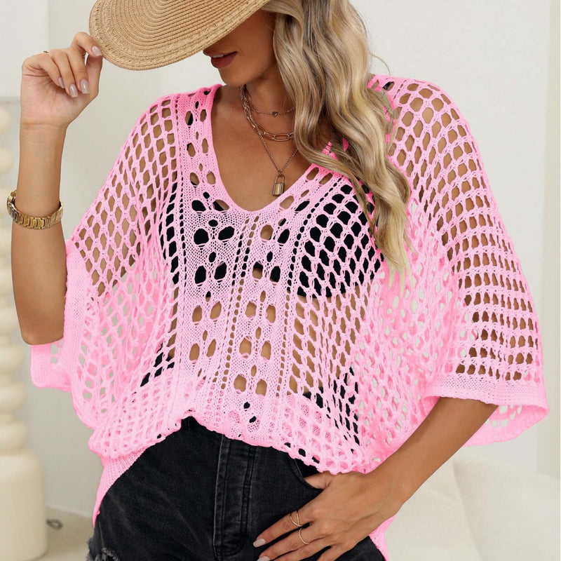 Women's Sexy Cutout Woven Shirt Batwing Sleeve Loose Casual Top Bikini Cover-up Blouse
