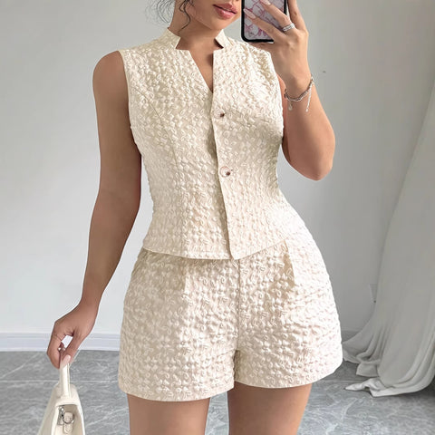 European And American Size Women's Elegant Solid Color Jacquard Sleeveless Vest And Shorts Two-piece Set